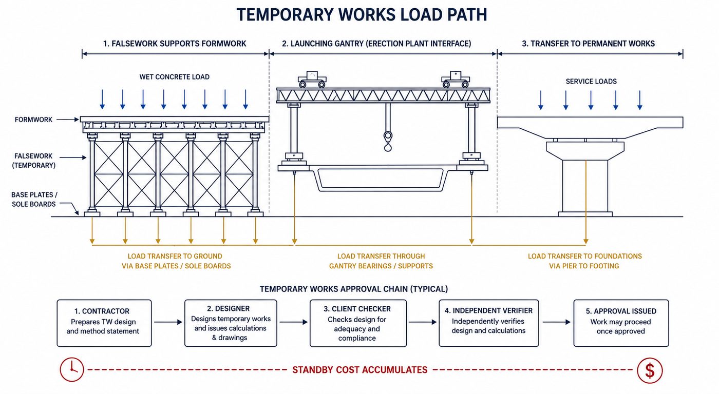 Temporary works load path — falsework, erection plant interface and permanent works transfer