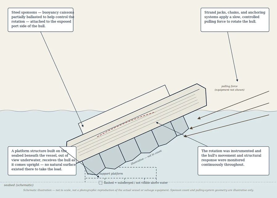 Schematic cross-section illustrating the parbuckling principle used to right the Costa Concordia: buoyancy sponsons attached to the hull, strand jacks and chains applying a pulling force, and an underwater platform built to receive the hull.