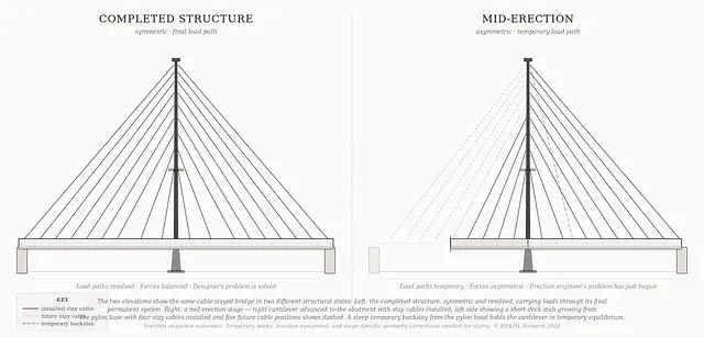Two elevations of the same cable-stayed bridge: on the left the completed symmetric structure with all stay cables installed and load paths resolved, on the right the asymmetric mid-erection state with the deck cantilevered toward one abutment and a temporary backstay from the pylon head