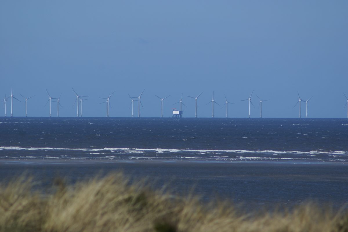 A row of offshore wind turbines on the horizon beyond the beach, with the Horns Rev A substation platform in the centre