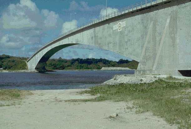 The original Koror–Babeldaob Bridge in Palau, seen from the shore, showing the long, shallow concrete box girder of the main span over the channel