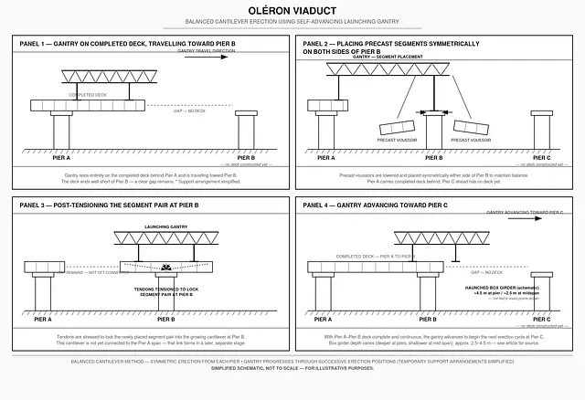 Four-panel schematic of the Oleron Viaduct balanced-cantilever erection sequence: gantry travelling on completed deck toward the next pier, precast voussoirs placed symmetrically either side of that pier, tendons stressed to lock the segment pair, then the gantry advancing to the following pier