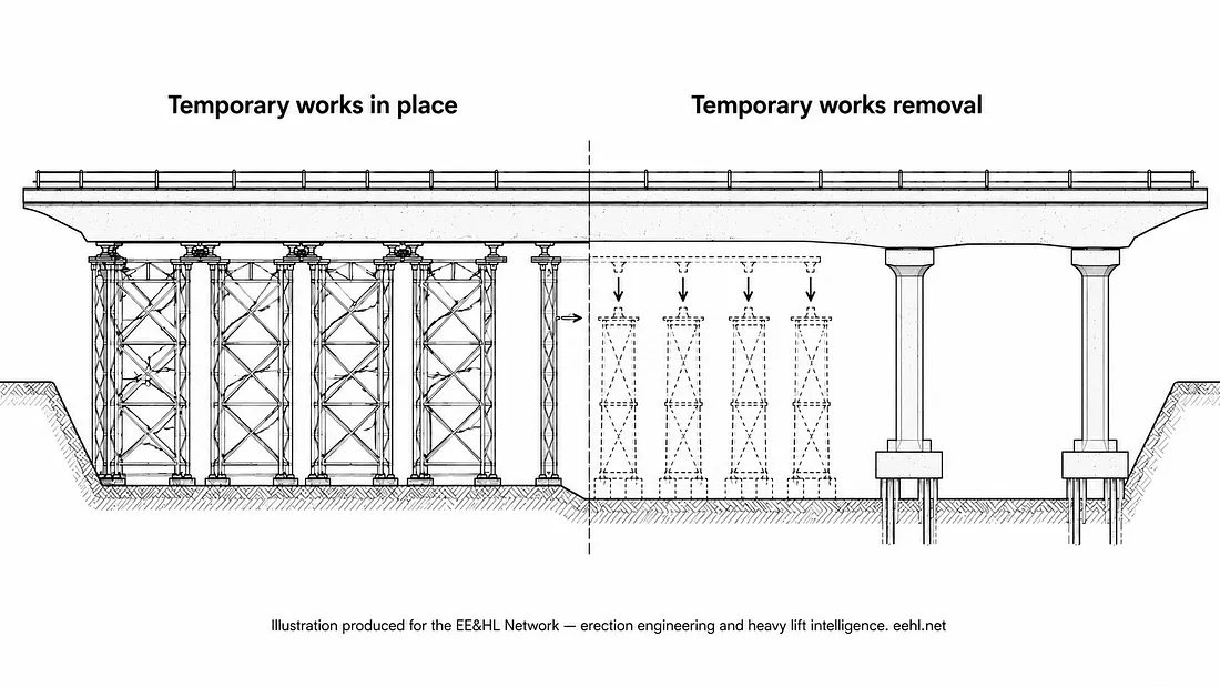 Two-panel engineering drawing of a bridge deck: on the left the deck supported on braced temporary falsework towers, on the right the same deck after falsework removal with dashed outlines showing the removed towers and downward arrows marking the load transfer to the permanent piers